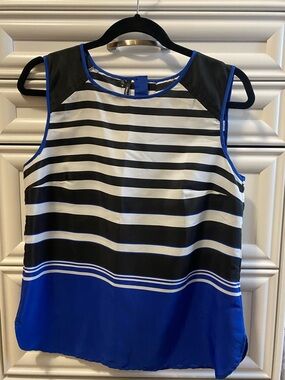 Maurices Black & White Striped Sleeveless Top with Blue Hem